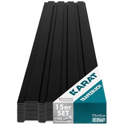 KARAT Set van 15 trapeziumplaten 115 x 45 cm Profielplaat met schroeven 7,7 m² Dakplaat Dikte 0,25 mm Dakplaten van plaatstaal Wandbekleding (zwart) KARAT Set van 15 trapeziumplaten 115 x 45 cm Profielplaat met schroeven 7,7 m² Dakplaat Dikte 0,25 mm Dakplaten van plaatstaal Wandbekleding (zwart)