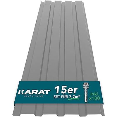 KARAT Set van 15 trapeziumplaten 115 x 45 cm Profielplaat met schroeven 7,7 m² Dakplaat Dikte 0,25 mm Dakplaten van plaatstaal Wandbekleding (lichtgrijs) KARAT Set van 15 trapeziumplaten 115 x 45 cm Profielplaat met schroeven 7,7 m² Dakplaat Dikte 0,25 mm Dakplaten van plaatstaal Wandbekleding (lichtgrijs)
