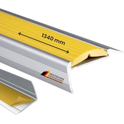 Floordirekt Traprandprofiel van aluminium, zelfklevend, randbescherming van rubber, antislip, voor laminaat, parket, trappen, hoekprofiel, geel, 134 cm Floordirekt Traprandprofiel van aluminium, zelfklevend, randbescherming van rubber, antislip, voor laminaat, parket, trappen, hoekprofiel, geel, 134 cm