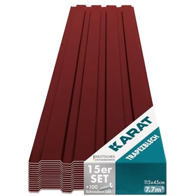 KARAT Set van 15 trapeziumplaten 115 x 45 cm Profielplaat met schroeven 7,7 m² Dakplaat Dikte 0,25 mm Dakplaten van plaatstaal Wandbekleding (rood) KARAT Set van 15 trapeziumplaten 115 x 45 cm Profielplaat met schroeven 7,7 m² Dakplaat Dikte 0,25 mm Dakplaten van plaatstaal Wandbekleding (rood)