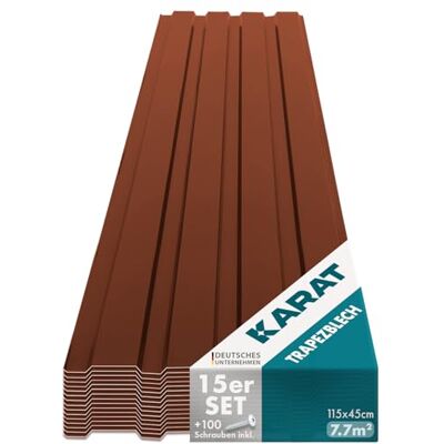 KARAT Karaat Set van 15 trapeziumplaten 115 x 45 cm Geprofileerde beplating met schroeven 7,7 m², Dakwandbeplating, Dikte: 0,25 mm, Plaatstalen dakpanelen, Wandbekleding (bruin) KARAT Karaat Set van 15 trapeziumplaten 115 x 45 cm Geprofileerde beplating met schroeven 7,7 m², Dakwandbeplating, Dikte: 0,25 mm, Plaatstalen dakpanelen, Wandbekleding (bruin)