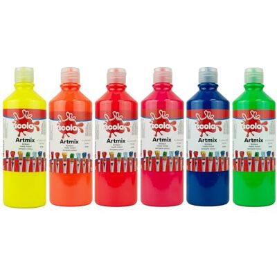 Scola Artmix Tempera-verf, klaar voor gebruik, 6 fluorescerende kleuren, 600 ml flessen, posterverf, knutselprojecten, sponsverf, vingerverf voor Scola Artmix Tempera-verf, klaar voor gebruik, 6 fluorescerende kleuren, 600 ml flessen, posterverf, knutselprojecten, sponsverf, vingerverf voor