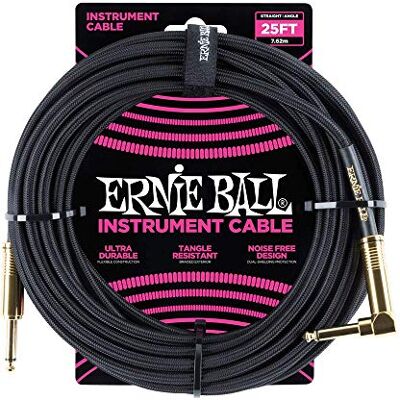 Ernie Ball P06058 Instrumentenkabel, gevlochten rechte en schuine eindstukken, zwart, 7,6 m Ernie Ball P06058 Instrumentenkabel, gevlochten rechte en schuine eindstukken, zwart, 7,6 m