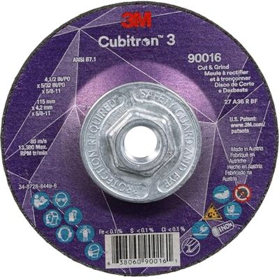3M Cubitron 3 Cut and Grind Wheel, 90016, 36+, T27, 4-1/2" x 5/32" x 5/8"-11, ANSI, durée de vie plus longue, coupe plus rapide, gougage arrière, retrait de soudure, coupe, meulage 3M Cubitron 3 Cut and Grind Wheel, 90016, 36+, T27, 4-1/2" x 5/32" x 5/8"-11, ANSI, durée de vie plus longue, coupe plus rapide, gougage arrière, retrait de soudure, coupe, meulage