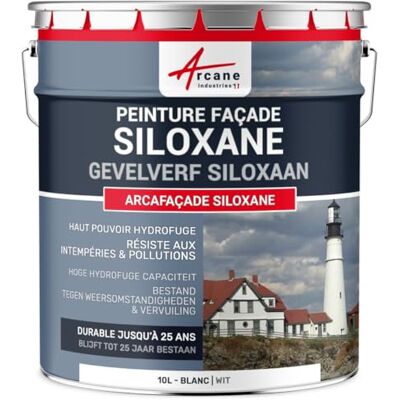 ARCANE INDUSTRIES Arcafacade Siloxane Verf, waterafstotend, houdt tot 20 jaar, renovatie van gevels, gepleisterde muur, 10 l (ca. 60 m² in 1 laag), wit RAL 9003 ARCANE INDUSTRIES Arcafacade Siloxane Verf, waterafstotend, houdt tot 20 jaar, renovatie van gevels, gepleisterde muur, 10 l (ca. 60 m² in 1 laag), wit RAL 9003