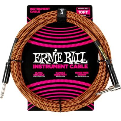 Ernie Ball 3 m gevlochten instrumentenkabel, recht/gebogen, 3 m pompoentaart Ernie Ball 3 m gevlochten instrumentenkabel, recht/gebogen, 3 m pompoentaart