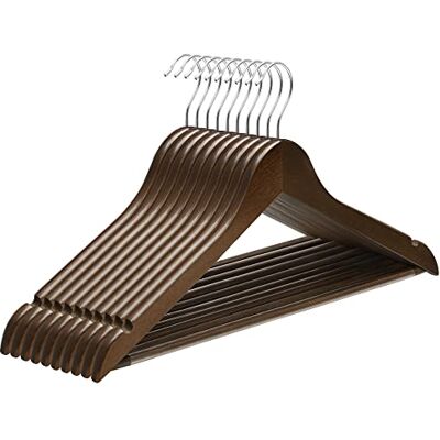 SONGMICS Houten kleerhangers, 10 stuks, met antislip inkepingen, antislipstang voor broeken, haken 360 graden draaibaar, voor pakken, overhemden, mantels, bruin en zilver, CRW001V01 SONGMICS Houten kleerhangers, 10 stuks, met antislip inkepingen, antislipstang voor broeken, haken 360 graden draaibaar, voor pakken, overhemden, mantels, bruin en zilver, CRW001V01