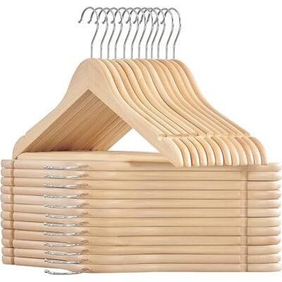 SONGMICS Houten kleerhangers, 24 stuks, met antislip inkepingen, antislip stang voor broeken, haken 360 graden draaibaar, voor pakken, overhemden, jassen, natuurbeige, CRW010N24 SONGMICS Houten kleerhangers, 24 stuks, met antislip inkepingen, antislip stang voor broeken, haken 360 graden draaibaar, voor pakken, overhemden, jassen, natuurbeige, CRW010N24