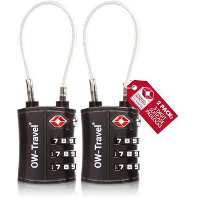 OW-Travel hangslot voor vliegtuigkoffer, TSA-kabelhangslot, 3-cijferig, zwart, 2 stuks OW-Travel hangslot voor vliegtuigkoffer, TSA-kabelhangslot, 3-cijferig, zwart, 2 stuks