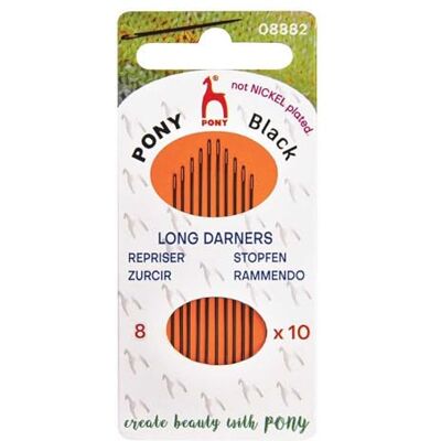 Pony zwarte lange darners matte afwerking (nr. 8) handnaainaalden met zwart oog 10 naalden Pony zwarte lange darners matte afwerking (nr. 8) handnaainaalden met zwart oog 10 naalden