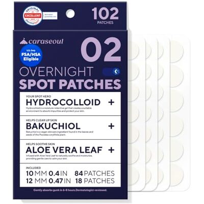 caraseoul Anti-puistjes voor 's nachts (102 stuks) Dikker, versterkte hechting, hydrocolloïde pleisters in 2 maten voor knoppen/onvolkomenheden, bakuchiol/aloë vera caraseoul Anti-puistjes voor 's nachts (102 stuks) Dikker, versterkte hechting, hydrocolloïde pleisters in 2 maten voor knoppen/onvolkomenheden, bakuchiol/aloë vera