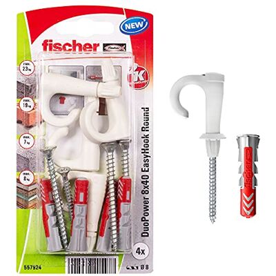 fischer EasyHook Round K (4) Set van 4 DuoPower schroeven en pluggen 8 x 40 met ronde haken voor spaanplaat met flexibele haken voor montage op vele bouwmaterialen fischer EasyHook Round K (4) Set van 4 DuoPower schroeven en pluggen 8 x 40 met ronde haken voor spaanplaat met flexibele haken voor montage op vele bouwmaterialen