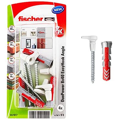 fischer EasyHook Angle K (4) Set van 4 DuoPower schroeven en pluggen 8 x 40 met hoekhaken voor spaanplaat voor installatie op vele bouwmaterialen fischer EasyHook Angle K (4) Set van 4 DuoPower schroeven en pluggen 8 x 40 met hoekhaken voor spaanplaat voor installatie op vele bouwmaterialen