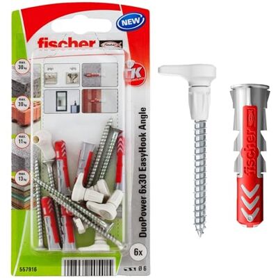 fischer EasyHook Angle K (6) Set van 6 DuoPower schroeven en pluggen 6 x 30 met hoekhaak voor spaanplaat voor installatie op vele bouwmaterialen fischer EasyHook Angle K (6) Set van 6 DuoPower schroeven en pluggen 6 x 30 met hoekhaak voor spaanplaat voor installatie op vele bouwmaterialen