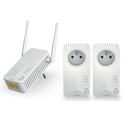 Strong Set van 2 CPL 600 Mbps en 1 CPL WiFi gefilterd stopcontact en ethernetpoort, uitbreiding wifi-netwerk, compatibel met internetbox, ideaal voor multi-tv, HD-streaming, geen configuratie, klaar voor gebruik Strong Set van 2 CPL 600 Mbps en 1 CPL WiFi gefilterd stopcontact en ethernetpoort, uitbreiding wifi-netwerk, compatibel met internetbox, ideaal voor multi-tv, HD-streaming, geen configuratie, klaar voor gebruik