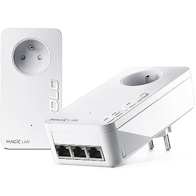 Devolo Magic 2 LAN Triple Starter Kit, Powerline Adapter tot 2.400 Mbit/s, 4 x Gigabit Ethernet-poorten, geïntegreerde stekker, wit Devolo Magic 2 LAN Triple Starter Kit, Powerline Adapter tot 2.400 Mbit/s, 4 x Gigabit Ethernet-poorten, geïntegreerde stekker, wit