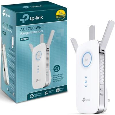 TP-Link RE450 WiFi-repeater, AC1750 WiFi-versterker, WiFi-extender, WiFi-booster, 1 ethernetpoort, dekking tot 140 ㎡, compatibel met alle internetboxen, wit TP-Link RE450 WiFi-repeater, AC1750 WiFi-versterker, WiFi-extender, WiFi-booster, 1 ethernetpoort, dekking tot 140 ㎡, compatibel met alle internetboxen, wit