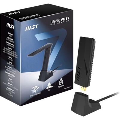 MSI BE6500 USB WiFi 7 tri-band adapter WLAN tot 6,5 Gb/ss (6 GHz, 5 GHz, 2,4 GHz), USB Type-A 3.2 Gen 1, MLO, 4K-QAM puncturing, verstelbare antenne, Beamforming, WPA3, bekabelde ondersteuning incl MSI BE6500 USB WiFi 7 tri-band adapter WLAN tot 6,5 Gb/ss (6 GHz, 5 GHz, 2,4 GHz), USB Type-A 3.2 Gen 1, MLO, 4K-QAM puncturing, verstelbare antenne, Beamforming, WPA3, bekabelde ondersteuning incl