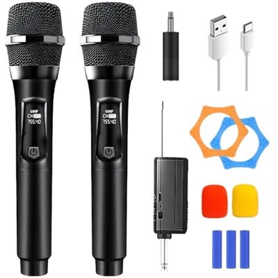 PORFOYO Draadloze microfoon, karaoke-microfoon, dubbele draadloze microfoon, oplaadbaar, voor karaoke, bruiloft, DJ, feest, toespraak, kerk, lessen PORFOYO Draadloze microfoon, karaoke-microfoon, dubbele draadloze microfoon, oplaadbaar, voor karaoke, bruiloft, DJ, feest, toespraak, kerk, lessen