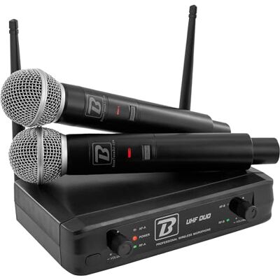 BoomToneDJ UHF Duo volledig draadloos UHF-systeem, 2 dynamische handmicrofoons, dubbel kanaal, 663,5 en 682,2 MHz. Ideaal voor zang, toespraak, karaoke, animatie. BoomToneDJ UHF Duo volledig draadloos UHF-systeem, 2 dynamische handmicrofoons, dubbel kanaal, 663,5 en 682,2 MHz. Ideaal voor zang, toespraak, karaoke, animatie.