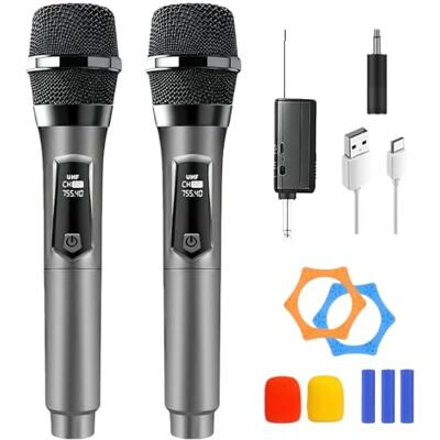 PORFOYO 2 stuks UHF draadloze microfoons met oplaadbare ontvanger, dubbele handmicrofoon, 50 m bereik, voor karaoke, zang, feest, podium, bruiloft, DJ, toespraak, kerk, les PORFOYO 2 stuks UHF draadloze microfoons met oplaadbare ontvanger, dubbele handmicrofoon, 50 m bereik, voor karaoke, zang, feest, podium, bruiloft, DJ, toespraak, kerk, les