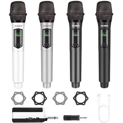 talomen Draadloze microfoon, 2,4 GHz, 4 dynamische handmicrofoons met oplaadbare ontvanger, bereik van 50 meter, ideaal voor karaoke, zang, feest, vergadering, K604 wit, zilver, grijs, zwart talomen Draadloze microfoon, 2,4 GHz, 4 dynamische handmicrofoons met oplaadbare ontvanger, bereik van 50 meter, ideaal voor karaoke, zang, feest, vergadering, K604 wit, zilver, grijs, zwart
