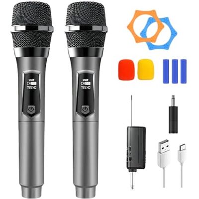 PORFOYO Draadloze karaoke-microfoon, dubbele microfoon, oplaadbaar, draagbaar, karaoke-zingen, bruiloft, DJ, feest, toespraak, kerk, lessen PORFOYO Draadloze karaoke-microfoon, dubbele microfoon, oplaadbaar, draagbaar, karaoke-zingen, bruiloft, DJ, feest, toespraak, kerk, lessen