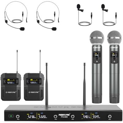 Phenyx Pro 4-kanaals draadloos microfoonsysteem PTU-5200-2H2B 2 handmicrofoons, 2 bodypacks, hoofdtelefoon/lavalier-microfoons, 4 x 25 freq., bereik 200 ft, stem op het podium, karaoke Phenyx Pro 4-kanaals draadloos microfoonsysteem PTU-5200-2H2B 2 handmicrofoons, 2 bodypacks, hoofdtelefoon/lavalier-microfoons, 4 x 25 freq., bereik 200 ft, stem op het podium, karaoke