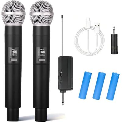 HUACAM Draadloos microfoonsysteem voor 2 personen, 2,4 G dubbel dynamisch microfoonsysteem van metaal met oplaadbare ontvanger, voor karaoke, bruiloft, DJ, feest, toespraak, kerk, gebruik HUACAM Draadloos microfoonsysteem voor 2 personen, 2,4 G dubbel dynamisch microfoonsysteem van metaal met oplaadbare ontvanger, voor karaoke, bruiloft, DJ, feest, toespraak, kerk, gebruik