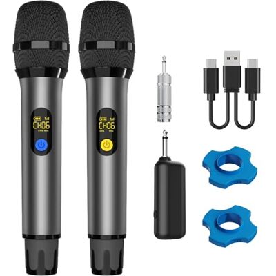 VOVIGGOL UHF Draadloze microfoon, 2 stuks, draadloos, dynamische zakmicrofoon, met ontvanger, oplaadbaar, voor PA-versterker, karaoke-systeem, bruiloft, feest, conferentie VOVIGGOL UHF Draadloze microfoon, 2 stuks, draadloos, dynamische zakmicrofoon, met ontvanger, oplaadbaar, voor PA-versterker, karaoke-systeem, bruiloft, feest, conferentie