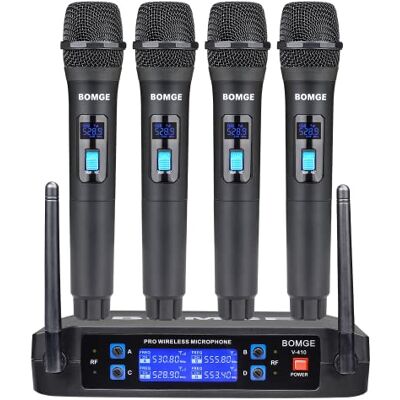 BOMGE Pro 4-kanaals draadloos microfoonsysteem met vier draagbare microfoons, vaste frequentie, 61 m lang bereik, ideaal voor kerk, karaoke, evenementen BOMGE Pro 4-kanaals draadloos microfoonsysteem met vier draagbare microfoons, vaste frequentie, 61 m lang bereik, ideaal voor kerk, karaoke, evenementen