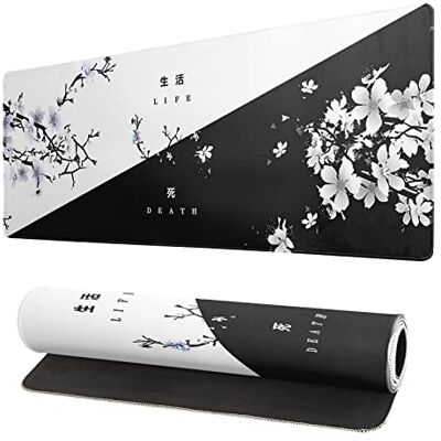 Siski Sakura Japanse kersenbloesem gaming muismat, 80 x 30 cm, antislip rubberen textuur, genaaide randen, bureaumat voor kantoor en thuis, zwart en wit Siski Sakura Japanse kersenbloesem gaming muismat, 80 x 30 cm, antislip rubberen textuur, genaaide randen, bureaumat voor kantoor en thuis, zwart en wit