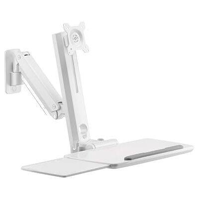 PureMounts Monitorstandaard met toetsenbordplaat, wandmonitorhouder met toetsenbordlade, in hoogte verstelbaar, draaibaar, kantelbaar, staand werkstation, wit PureMounts Monitorstandaard met toetsenbordplaat, wandmonitorhouder met toetsenbordlade, in hoogte verstelbaar, draaibaar, kantelbaar, staand werkstation, wit
