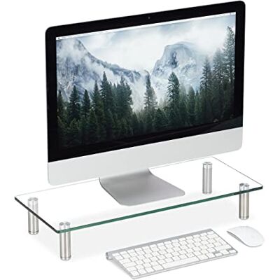 Relaxdays Schermstandaard van glas, laptopblad, in hoogte verstelbaar 9 tot 11 cm, B XP 56 x 24 cm, transparant Relaxdays Schermstandaard van glas, laptopblad, in hoogte verstelbaar 9 tot 11 cm, B XP 56 x 24 cm, transparant