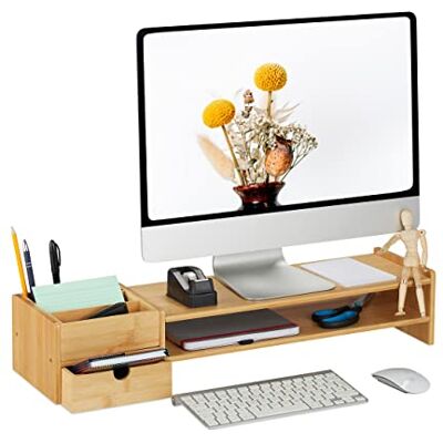 Relaxdays Schermstandaard, bamboe, lade en 5 vakken, 13 x 70 x 19 cm (h x b x d), monitorstandaard, bureaustandaard, naturel Relaxdays Schermstandaard, bamboe, lade en 5 vakken, 13 x 70 x 19 cm (h x b x d), monitorstandaard, bureaustandaard, naturel