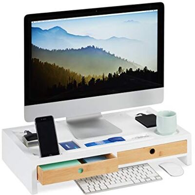 Relaxdays XL monitorstandaard van bamboe en MDF, 2 laden, organizer 11 x 58,5 x 32,5 cm, wit Relaxdays XL monitorstandaard van bamboe en MDF, 2 laden, organizer 11 x 58,5 x 32,5 cm, wit
