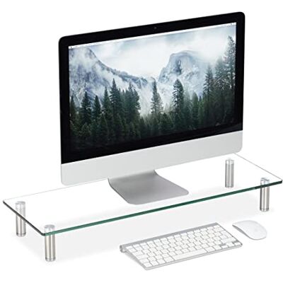 Relaxdays Schermstandaard van glas, laptopblad, in hoogte verstelbaar 9 tot 11 cm, b x d 70 x 24 cm, transparant Relaxdays Schermstandaard van glas, laptopblad, in hoogte verstelbaar 9 tot 11 cm, b x d 70 x 24 cm, transparant
