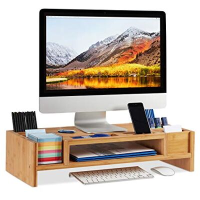 Relaxdays Monitorstandaard, monitorstandaard van bamboe, 14 vakken, ergonomische monitorverhoger, HBT 15x65x28 cm, naturel Relaxdays Monitorstandaard, monitorstandaard van bamboe, 14 vakken, ergonomische monitorverhoger, HBT 15x65x28 cm, naturel