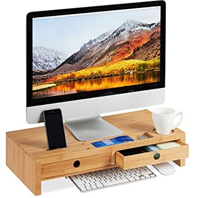 Relaxdays Bamboe monitorstandaard met 2 laden en planken, bureau, 12 x 56 x 27 cm, naturel Relaxdays Bamboe monitorstandaard met 2 laden en planken, bureau, 12 x 56 x 27 cm, naturel