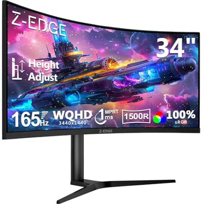 Z-Edge 34 inch gebogen gamer-monitor 3440 x 1440 165Hz, hoogte verstelbaar 114 mm, 1ms, FreeSync, Ultrawide monitor 21:9, 1500R VA, 2×HDMI2.0, 2×DP1.4, RGB, VESA 100 x 100mm (DP kabel inbegrepen) Z-Edge 34 inch gebogen gamer-monitor 3440 x 1440 165Hz, hoogte verstelbaar 114 mm, 1ms, FreeSync, Ultrawide monitor 21:9, 1500R VA, 2×HDMI2.0, 2×DP1.4, RGB, VESA 100 x 100mm (DP kabel inbegrepen)