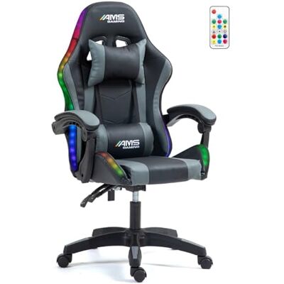 AMS-GAMING Gamerstoel #02-grijze led – kleur zwart en grijs – led RGB 358 effecten – afstandsbediening – lendenkussen en hoofdsteun AMS-GAMING Gamerstoel #02-grijze led – kleur zwart en grijs – led RGB 358 effecten – afstandsbediening – lendenkussen en hoofdsteun