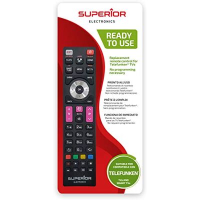 Superior Electronics Premium TELEFUNKEN Replacement Universele vervangende afstandsbediening compatibel met alle televisies en smart-tv's van het merk TELEFUNKEN Klaar voor gebruik zonder programmering Superior Electronics Premium TELEFUNKEN Replacement Universele vervangende afstandsbediening compatibel met alle televisies en smart-tv's van het merk TELEFUNKEN Klaar voor gebruik zonder programmering