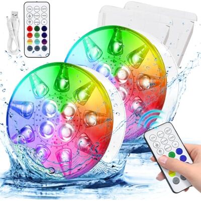 HOSPAOP Set van 2 waterdichte oplaadbare led-dompellampen met RF-afstandsbediening, USB, timer, RGB, 13 leds, voor zwembad, whirlpool, aquarium, vaas, feest HOSPAOP Set van 2 waterdichte oplaadbare led-dompellampen met RF-afstandsbediening, USB, timer, RGB, 13 leds, voor zwembad, whirlpool, aquarium, vaas, feest