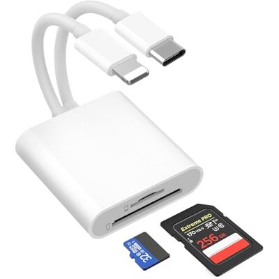 Denlane Micro SD/SD-kaartlezer met dubbele connector voor iPhone, iPad, Lightning SD-kaartlezer en USB C, geheugenkaartlezer, USB-C OTG-adapter voor iOS-apparaten Denlane Micro SD/SD-kaartlezer met dubbele connector voor iPhone, iPad, Lightning SD-kaartlezer en USB C, geheugenkaartlezer, USB-C OTG-adapter voor iOS-apparaten
