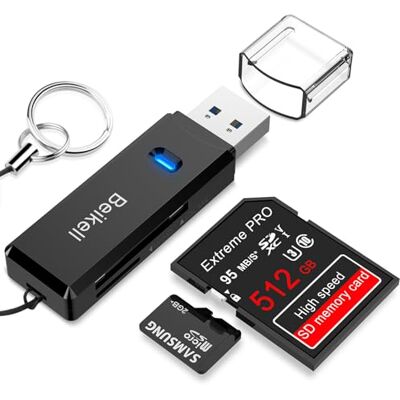 Beikell USB 3.0 kaartlezer, SD/Micro SD-geheugenkaartlezer, hoge snelheid, kaartlezer, MMC, geheugenstick, SDXC, SDXC, SDHC, MSXC, voor pc, Windows en Mac OS, met sleutelhanger, zwart Beikell USB 3.0 kaartlezer, SD/Micro SD-geheugenkaartlezer, hoge snelheid, kaartlezer, MMC, geheugenstick, SDXC, SDXC, SDHC, MSXC, voor pc, Windows en Mac OS, met sleutelhanger, zwart