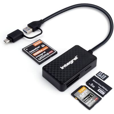Integral 4-in-1 geheugenkaartlezer, USB 3.0 en USB C naar microSD, SD, Compact Flash, MS Duo/Pro Voor iPhone 15/16 Plus/Pro/Pro Max, MacBook Pro/Air, iPad, PC, laptop Integral 4-in-1 geheugenkaartlezer, USB 3.0 en USB C naar microSD, SD, Compact Flash, MS Duo/Pro Voor iPhone 15/16 Plus/Pro/Pro Max, MacBook Pro/Air, iPad, PC, laptop