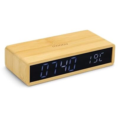 mooov Bamboe wekker met zwart led-display en binnentemperatuur, instelbare helderheid, 3 alarmen mooov Bamboe wekker met zwart led-display en binnentemperatuur, instelbare helderheid, 3 alarmen