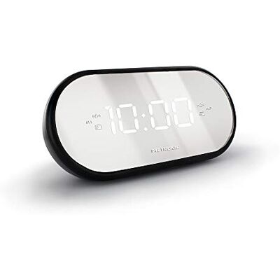 Metronic 477037 FM-wekkerradio, spiegel, dubbel alarm, met slaap-/snooze-functies, instelbare helderheid, progressieve beltoon en tijdbesparende batterijen, zwart Metronic 477037 FM-wekkerradio, spiegel, dubbel alarm, met slaap-/snooze-functies, instelbare helderheid, progressieve beltoon en tijdbesparende batterijen, zwart