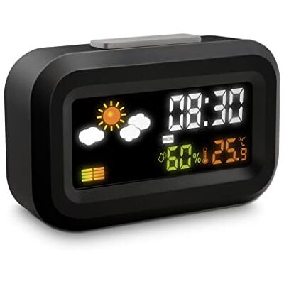 Metronic 477340 Digitale reiswekker op batterijen, lcd-display met achtergrondverlichting, 12/24 uur klok, snooze, kalender, weer, temperatuur, vochtigheid Metronic 477340 Digitale reiswekker op batterijen, lcd-display met achtergrondverlichting, 12/24 uur klok, snooze, kalender, weer, temperatuur, vochtigheid