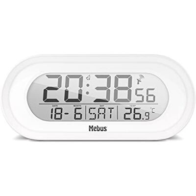 Mebus Apparaat met temperatuurweergave, digitaal, radiozender (DCF77), wisselfunctie, snooze, verlichting, kalender, thermometer, tijdzone, kleur: wit, model: 25808 Mebus Apparaat met temperatuurweergave, digitaal, radiozender (DCF77), wisselfunctie, snooze, verlichting, kalender, thermometer, tijdzone, kleur: wit, model: 25808